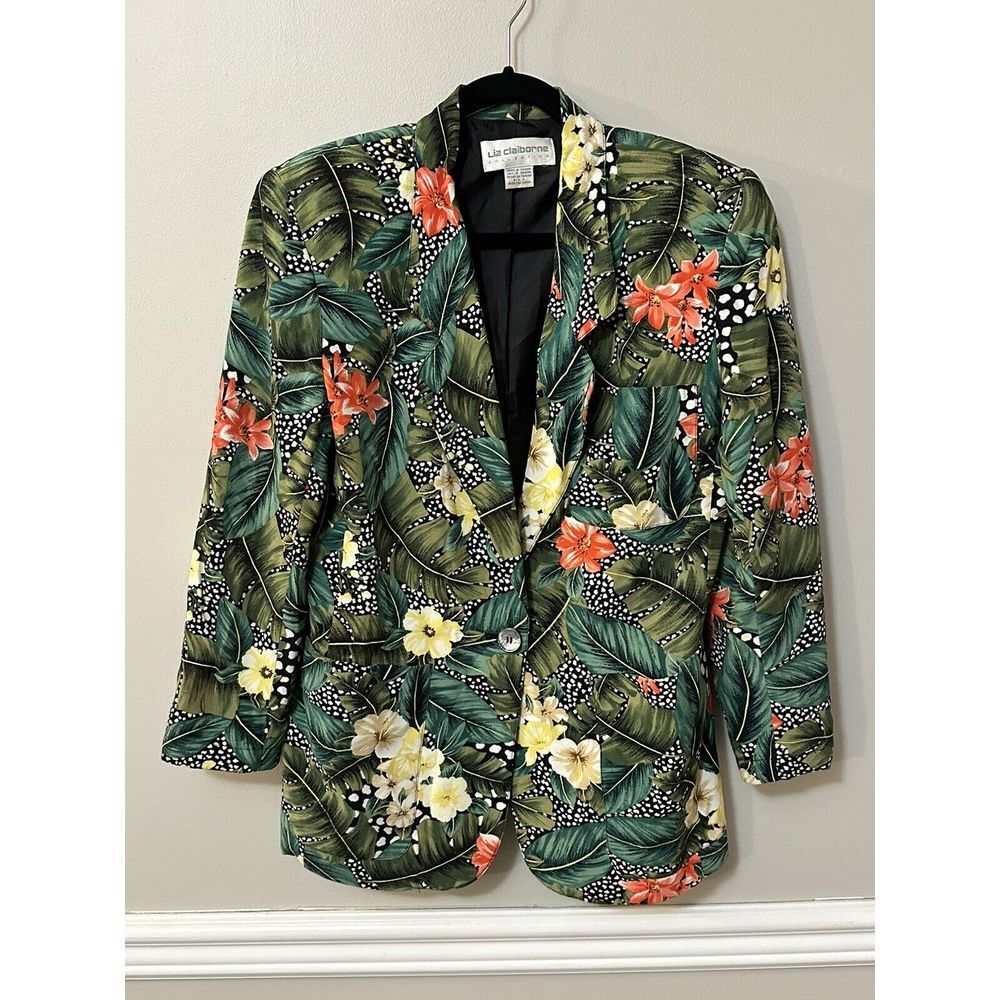 Vintage Liz Claiborne Blazer Jacket Women Size 6 Green Orange‎ Floral Tropical